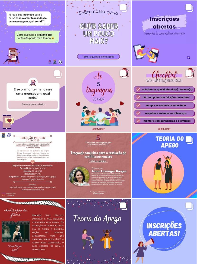 Conteúdo sobre  relacionamentos produzido pelo projeto para o Instagram. Imagem: captura de tela do feed do projeto.